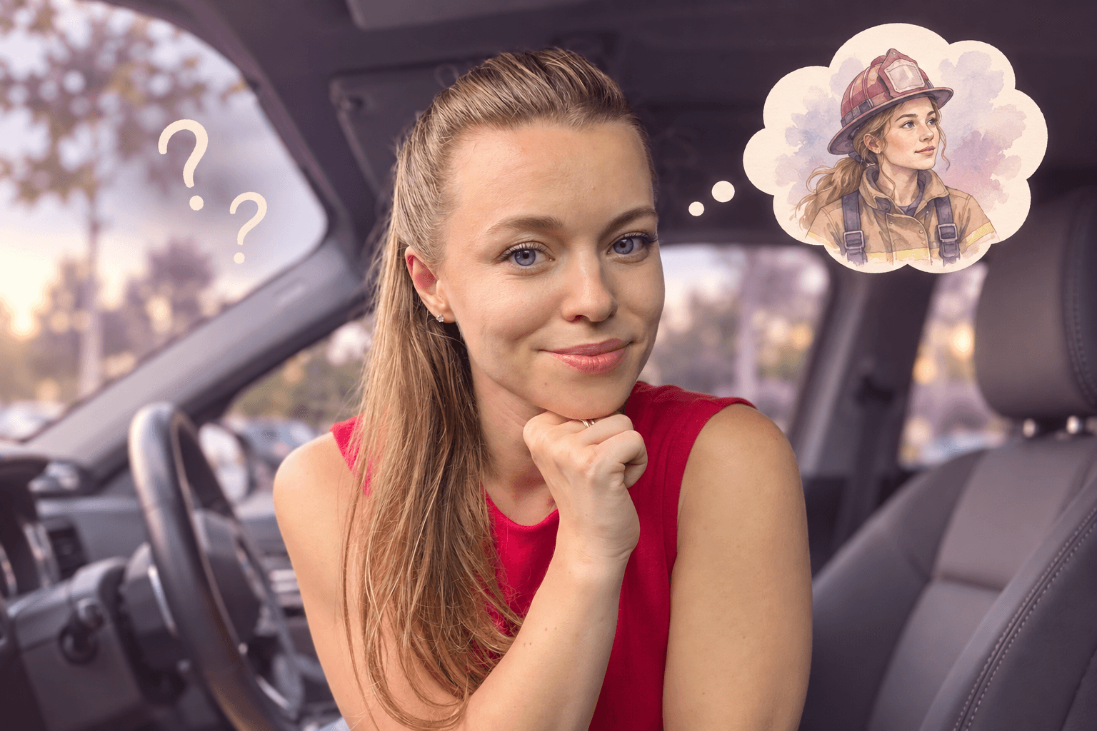 A woman resting her chin on her hand, smiling thoughtfully at the camera from the passenger seat of a car — a fitting mood for a guessing game played on the go.